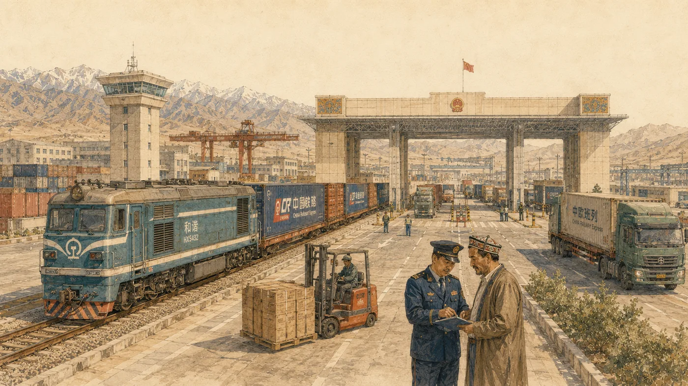 Chine & Xinjiang : corridors logistiques, trains, conteneurs et échanges transfrontaliers contemporains.