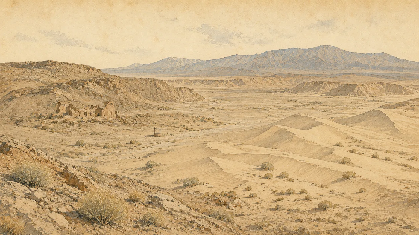 Paysage désertique, dunes, reliefs secs et ruines anciennes.