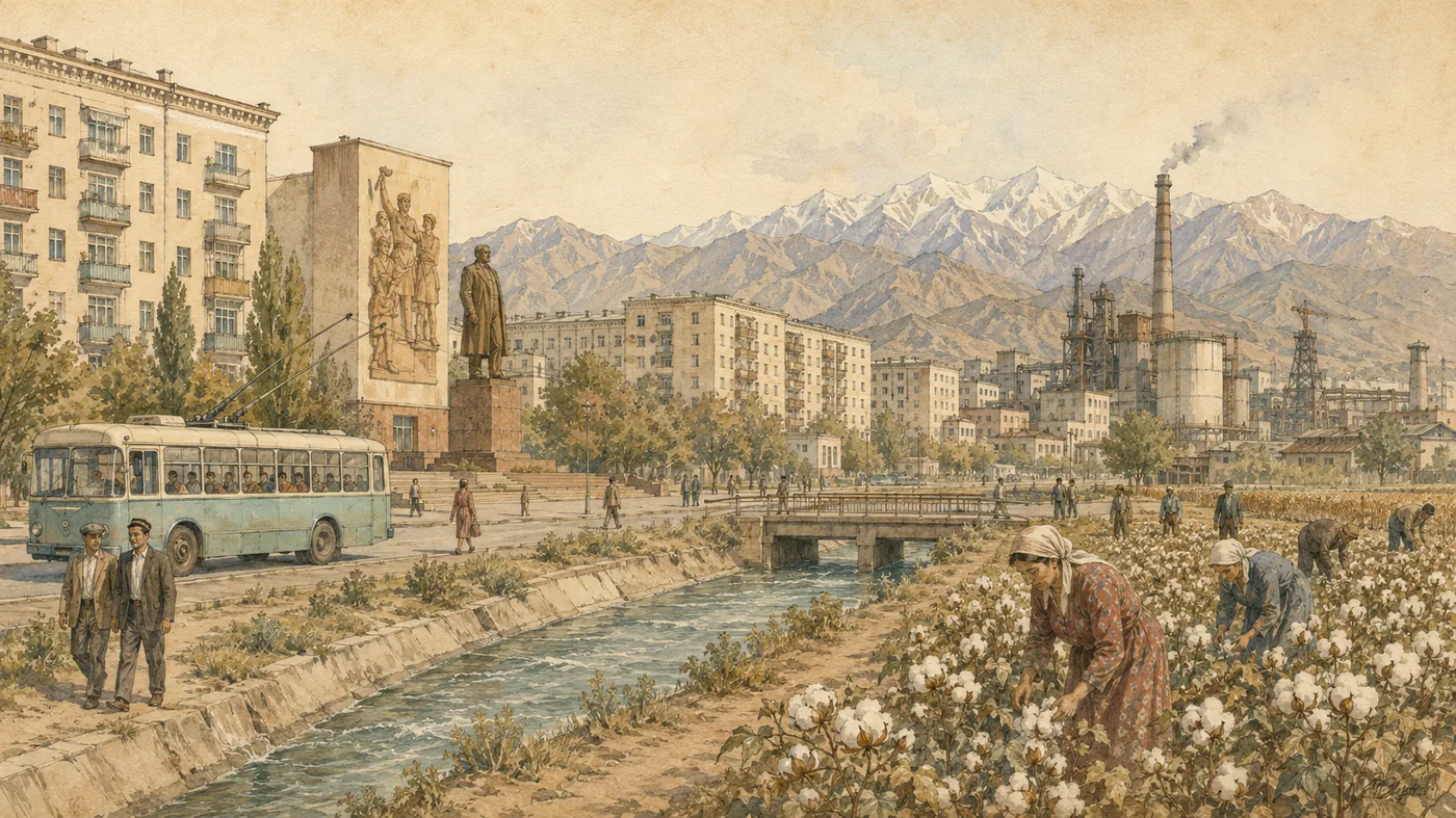 Ville planifiée, coton, usine et grands ensembles : l'empreinte soviétique recompose durablement l'espace centrasiatique.