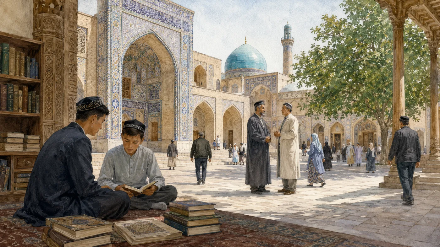 Islam & religions : cour de médersa, transmission, pratiques contemporaines et patrimoine religieux vivant.