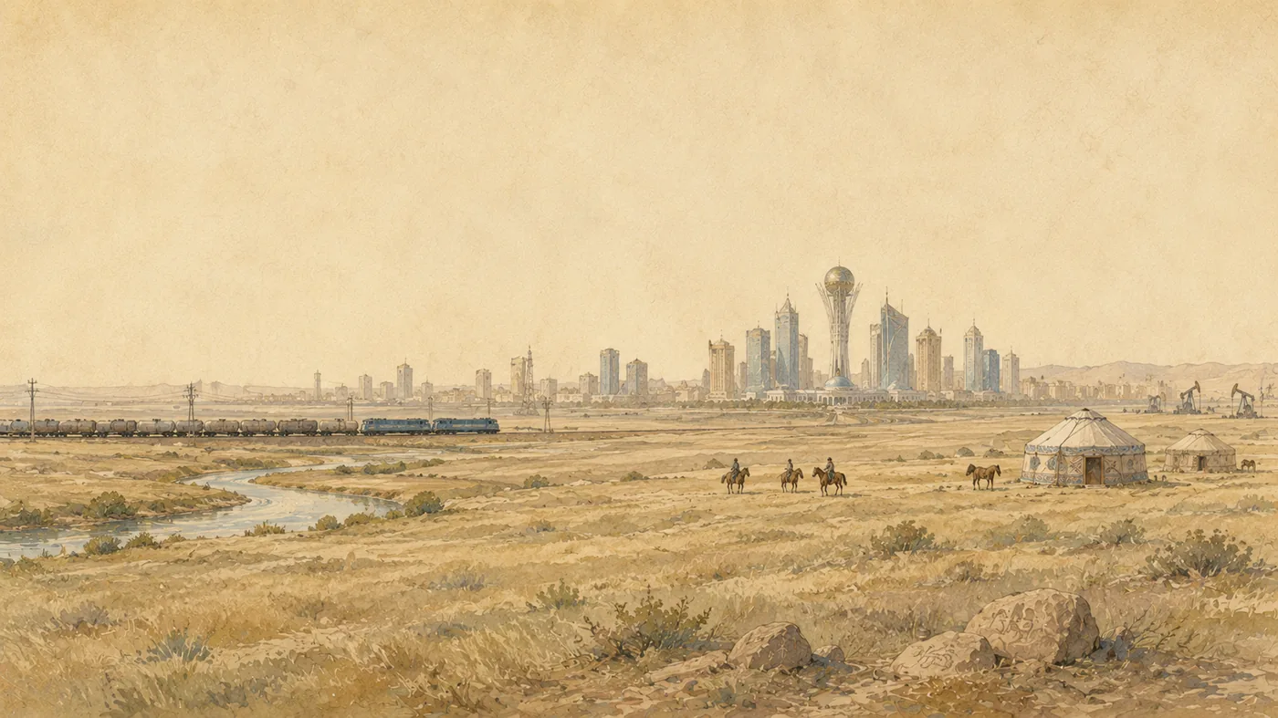 Kazakhstan : immensité de la steppe, ressources, infrastructures et ville-capitale contemporaine.